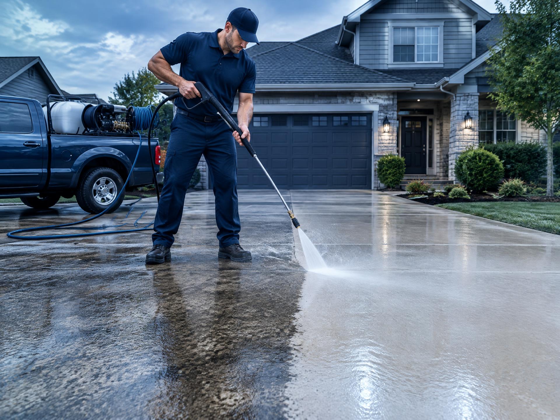 Technician power washing a concrete driveway, half clean and half dirty