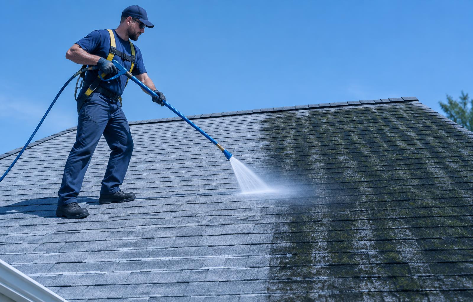 Licensed roof cleaner soft washing a shingle roof streaked with algae